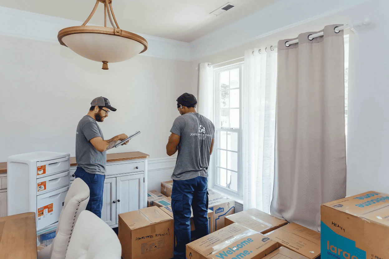 Residential movers from John's Moving and Storage handling furniture in a home