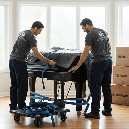 Piano movers from John's Moving and Storage carrying a wrapped piano