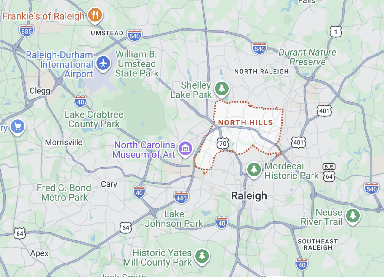 Map showing the North Hills and Midtown Raleigh neighborhood area